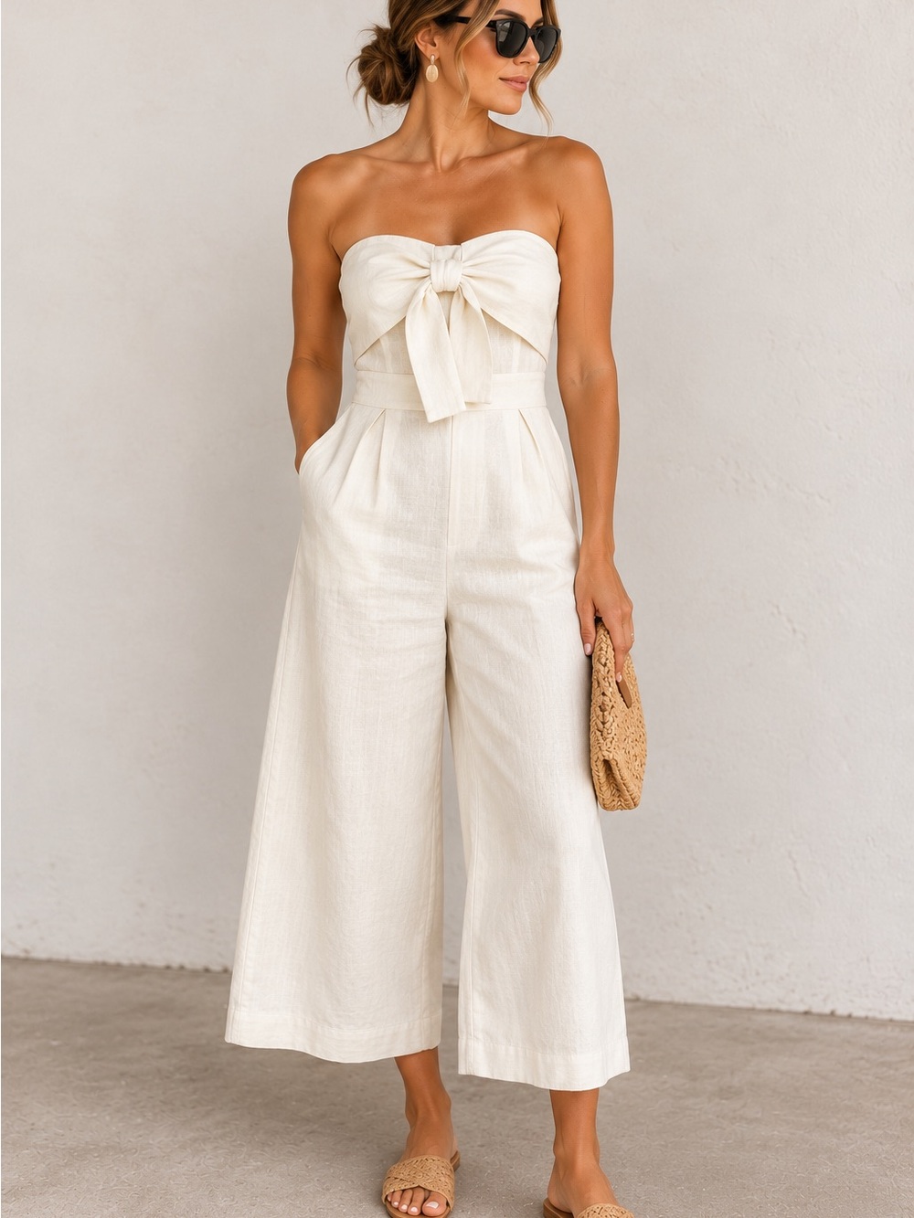 Express x Rocky Barnes Linen Strapless Bow Cropped Wide Leg Jumpsuit 8